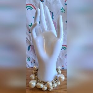 EUC Vintage Y2K J. Crew Faux Pearl & Crystal Bead Gold Tone Bracelet Jewelry